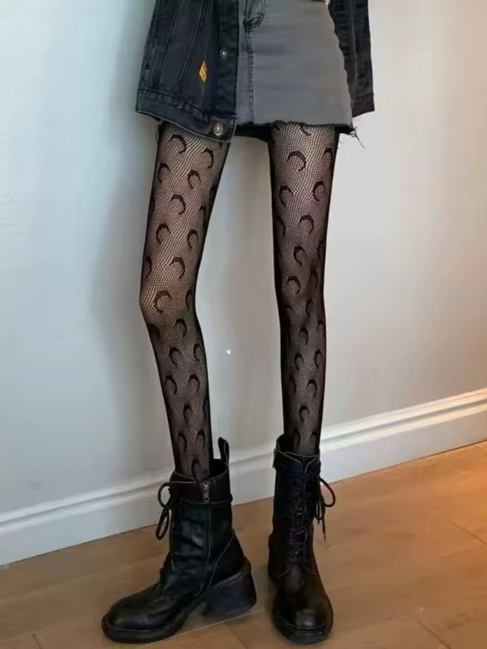 Women's Crescent Moon Pattern Gothic Black Fishnet Tights Pantyhose Stockings